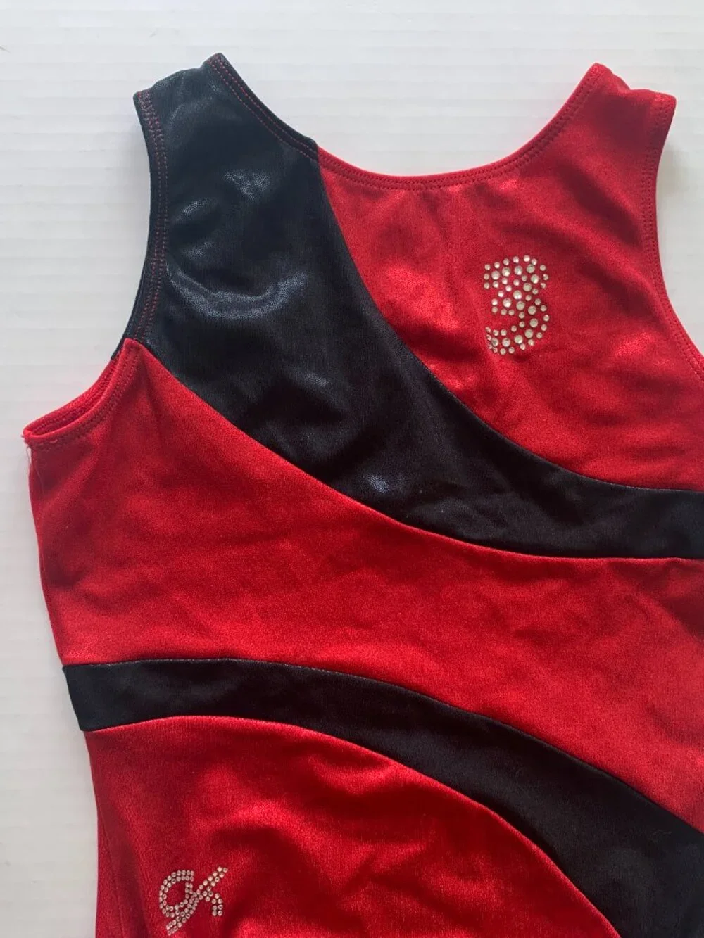 GK Elite Girls Youth Medium Red Black Metallic Gymnastics Leotard Rhinestone